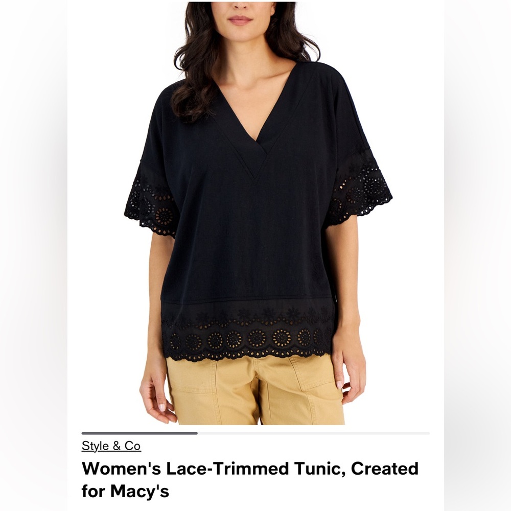 Lace/Eyelet Trimmed V-Neck Top